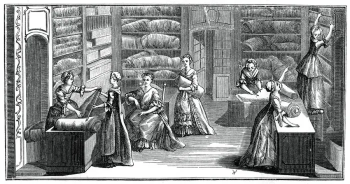 Framed Print : Fabric Shop, (1885). Artist: Bonnardot Framed Print : Fabric Shop, (1885). Artist: Bonnardot