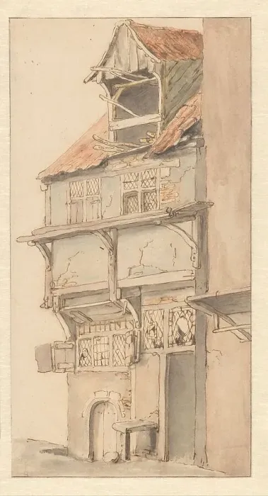 Framed Print : Facade of a corner house with an open dormer window, 1620-1685. Creator: Adriaen van Ostade Framed Print : Facade of a corner house with an open dormer window, 1620-1685. Creator: Adriaen van Ostade