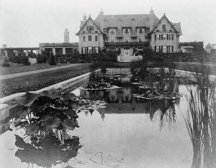 Framed Print : Facade of home of Edmund Cogswell Converse, with lily pond in... Greenwich, Connecticut, 1908. Creator: Frances Benjamin Johnston Framed Print : Facade of home of Edmund Cogswell Converse, with lily pond in... Greenwich, Connecticut, 1908. Creator: Frances Benjamin Johnston
