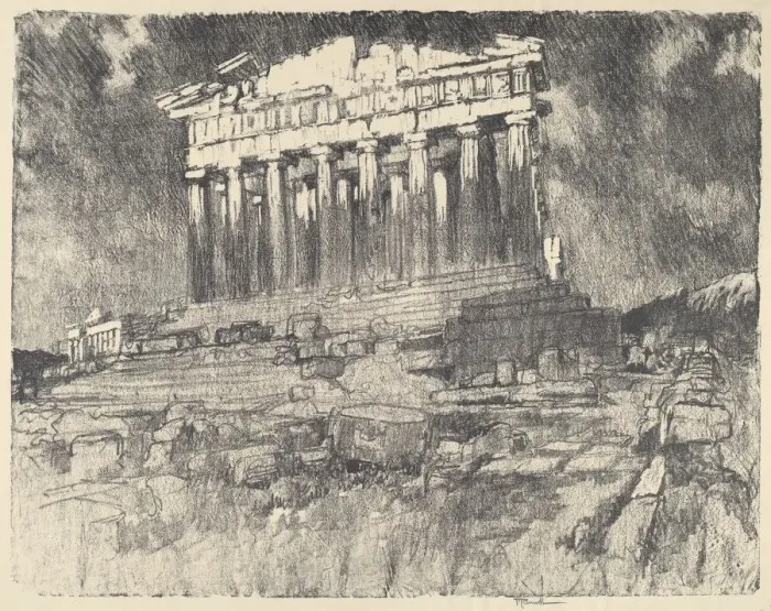 Framed Print : The Facade of the Parthenon, Sunset, 1913. Creator: Joseph Pennell