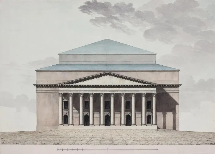 Framed Print : Facade of the Saint Petersburg Imperial Bolshoi Kamenny Theatre, 1803-1804. Artist: Thomas de Thomon, Jean Francois (1754-1813) Framed Print : Facade of the Saint Petersburg Imperial Bolshoi Kamenny Theatre, 1803-1804. Artist: Thomas de Thomon, Jean Francois (1754-1813)