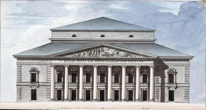 Framed Print : Facade of the Saint Petersburg Imperial Bolshoi Kamenny Theatre, 1802. Artist: Thomas de Thomon, Jean Francois (1754-1813) Framed Print : Facade of the Saint Petersburg Imperial Bolshoi Kamenny Theatre, 1802. Artist: Thomas de Thomon, Jean Francois (1754-1813)
