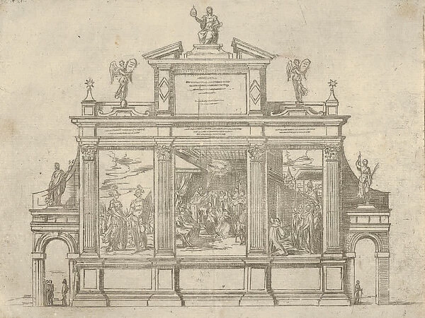 Facade of a triumphal monument with three scenes depicting deeds of Pope Clement VIII