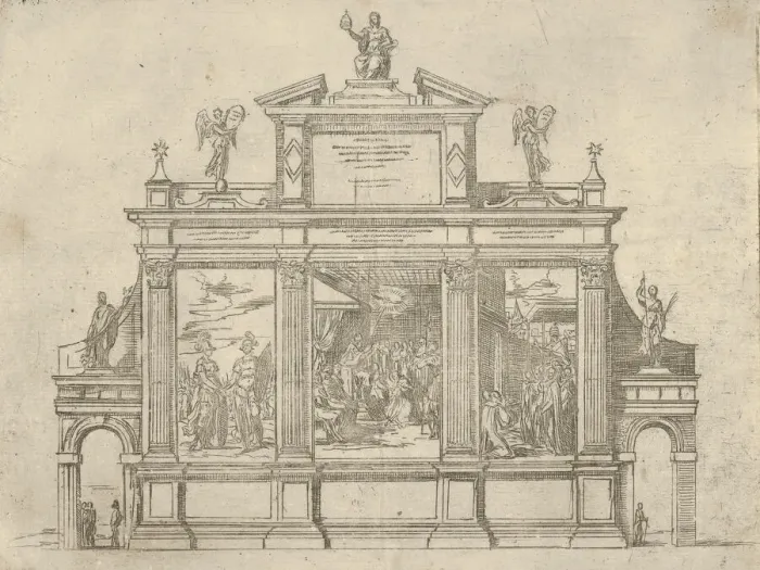 Framed Print : Facade of a triumphal monument with three scenes depicting deeds of Pope Clement VIII Framed Print : Facade of a triumphal monument with three scenes depicting deeds of Pope Clement VIII