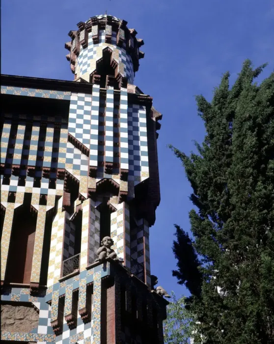 Framed Print : Detail of the top of the facade of the Vicens House, 1883-1888, designed by Antonio Gaudi Framed Print : Detail of the top of the facade of the Vicens House, 1883-1888, designed by Antonio Gaudi