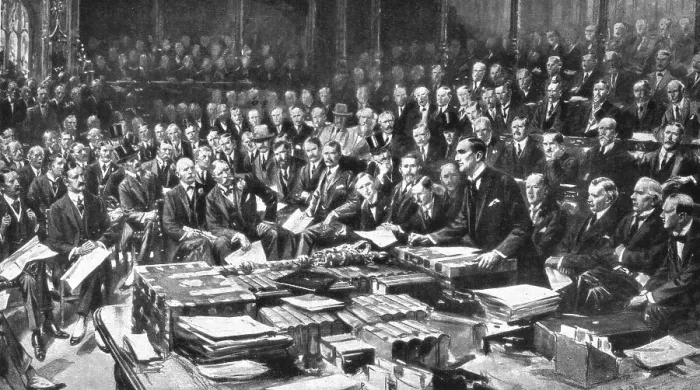 Framed Print : Face a L'agresseur, La séance historique du 3 aout 1914 a la Chambre des Communes, 1914. Creator: Samuel Begg Framed Print : Face a L'agresseur, La séance historique du 3 aout 1914 a la Chambre des Communes, 1914. Creator: Samuel Begg