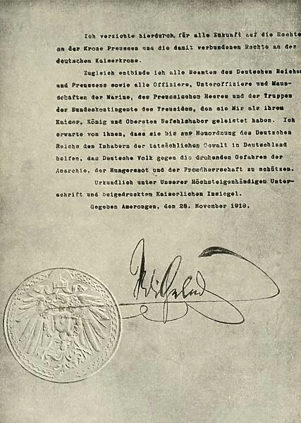 Facsimile of the Deed of Abdication of the German Emperor, William II, 1919, (c1920)