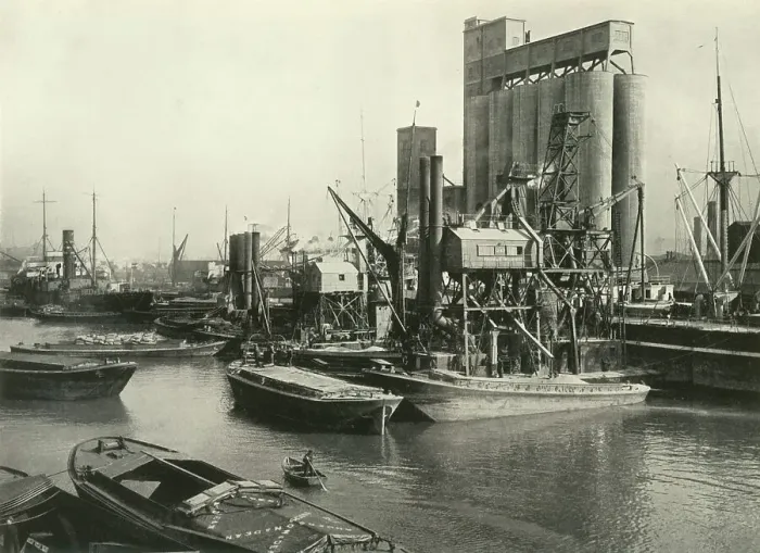Framed Print : Factories, Refineries, Granaries Grow Thick Ship Discharging Grain by Floating Pneumatic... 1937 Creator: J Dixon-Scott. Factories, Refineries, Granaries Grow Thick Ship Discharging Grain by Floating Pneumatic Framed Print : Factories, Refineries, Granaries Grow Thick Ship Discharging Grain by Floating Pneumatic... 1937 Creator: J Dixon-Scott. Factories, Refineries, Granaries Grow Thick Ship Discharging Grain by Floating Pneumatic