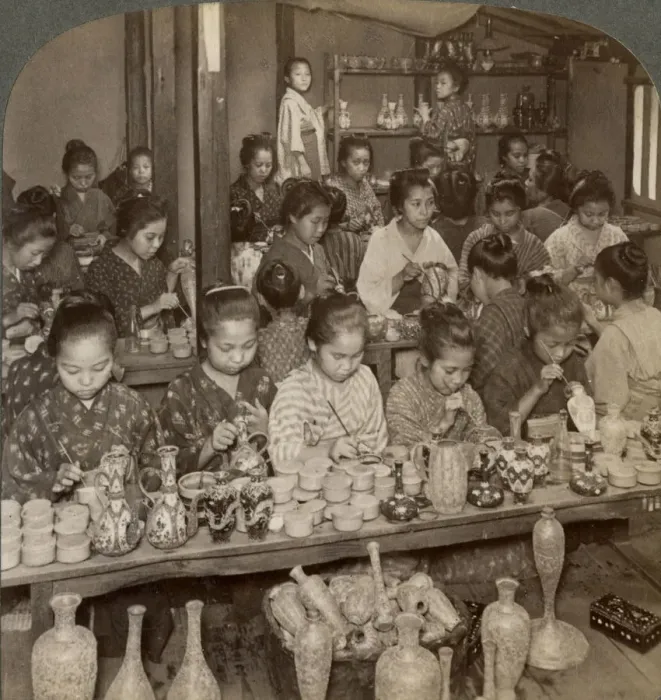 Framed Print : Factory girls decorating cheap pottery for the foreign markets, Kyoto, Japan, 1904. Artist: Underwood & Underwood Framed Print : Factory girls decorating cheap pottery for the foreign markets, Kyoto, Japan, 1904. Artist: Underwood & Underwood