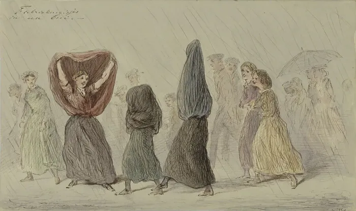 Framed Print : Factory girls in a rain shower, c.1854-c.1887. Creator: Alexander Ver Huell Framed Print : Factory girls in a rain shower, c.1854-c.1887. Creator: Alexander Ver Huell
