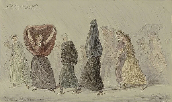 Factory girls in a rain shower, c.1854-c.1887. Creator: Alexander Ver Huell