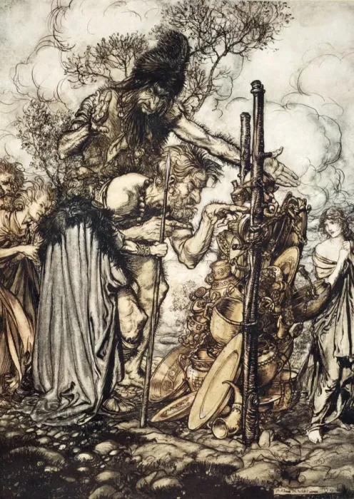 Framed Print : Fafner: Hey! Come hither, And stop me this cranny!, 1910. Artist: Arthur Rackham Framed Print : Fafner: Hey! Come hither, And stop me this cranny!, 1910. Artist: Arthur Rackham