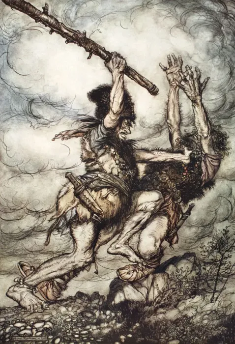 Framed Print : Fafner kills Fasolt, 1910. Artist: Arthur Rackham Framed Print : Fafner kills Fasolt, 1910. Artist: Arthur Rackham