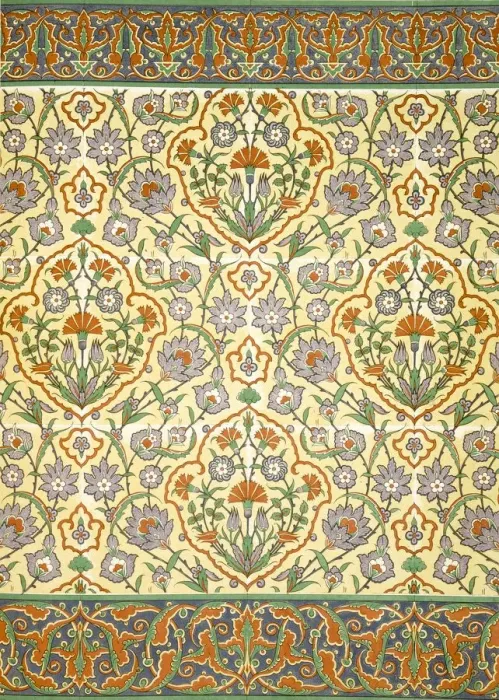 Framed Print : Faience mural with border using highly stylised repeating patterns of vegetal and floral forms, pub Framed Print : Faience mural with border using highly stylised repeating patterns of vegetal and floral forms, pub