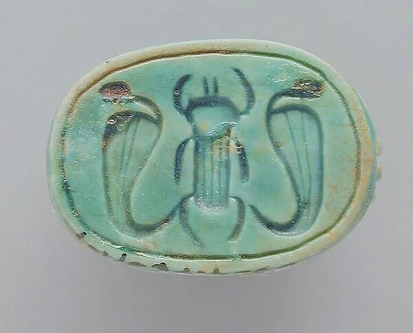 Faience Scarab Depicting a Beetle Flanked by Cobras, 18th-26th dynasties (1569-525 BCE) or modern. Creator: Unknown