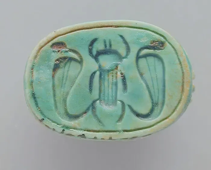 Framed Print : Faience Scarab Depicting a Beetle Flanked by Cobras, 18th-26th dynasties (1569-525 BCE) or modern. Creator: Unknown Framed Print : Faience Scarab Depicting a Beetle Flanked by Cobras, 18th-26th dynasties (1569-525 BCE) or modern. Creator: Unknown