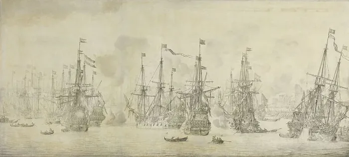 Framed Print : The Failed Attack of the English on the Return Fleet in the Port of Bergen, Norway, 12 August 1665: Creator: Willem van de Velde I. The Failed Attack of the English on the Return Fleet in the Port of Bergen, Norway