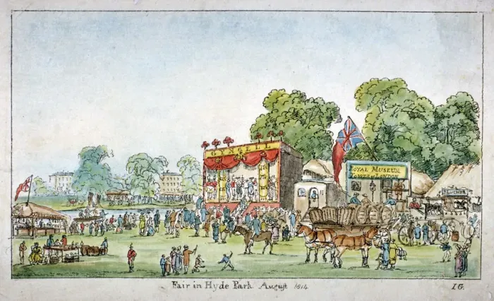 Framed Print : Fair in Hyde Park, Westminster, London, 1814. Artist: J Gordon Framed Print : Fair in Hyde Park, Westminster, London, 1814. Artist: J Gordon