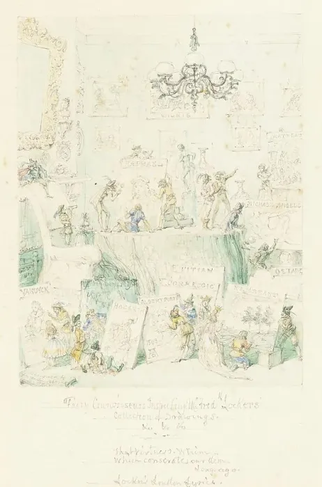 Framed Print : Fairy Connoisseurs Inspecting Mr. Frederick Locker's Collection of Drawings, 1867. Creator: George Cruikshank Framed Print : Fairy Connoisseurs Inspecting Mr. Frederick Locker's Collection of Drawings, 1867. Creator: George Cruikshank