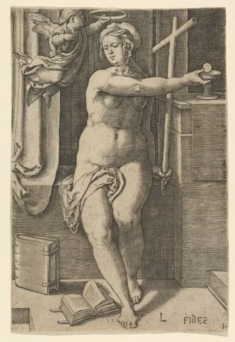 Framed Print : Faith (Fides), from the series The Seven Virtues, 1530. Creator: Lucas van Leyden Framed Print : Faith (Fides), from the series The Seven Virtues, 1530. Creator: Lucas van Leyden