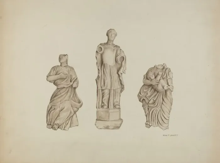 Framed Print : Faith, Hope and Charity: Stone Figures from Facade of Mission, 1936 Framed Print : Faith, Hope and Charity: Stone Figures from Facade of Mission, 1936