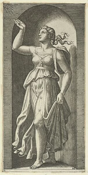 Faith personified by a woman standing in a niche, pointing to rays in the upper lef... ca. 1515-25. Creator: Marcantonio Raimondi
