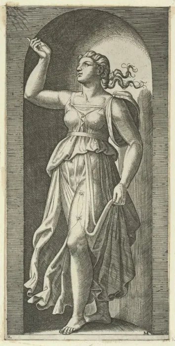 Framed Print : Faith personified by a woman standing in a niche, pointing to rays in the upper lef... ca. 1515-25. Creator: Marcantonio Raimondi Framed Print : Faith personified by a woman standing in a niche, pointing to rays in the upper lef... ca. 1515-25. Creator: Marcantonio Raimondi