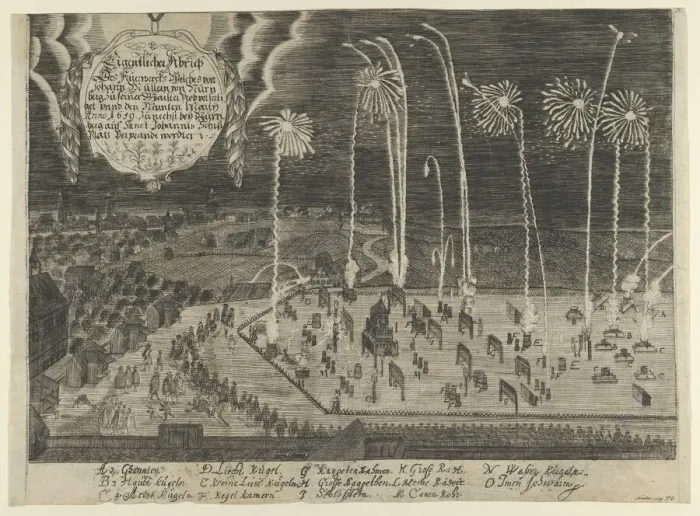 Framed Print : A faithful representation of the fireworks display presented by Johann Müller as proof of... 1659. Creator: Anon Framed Print : A faithful representation of the fireworks display presented by Johann Müller as proof of... 1659. Creator: Anon