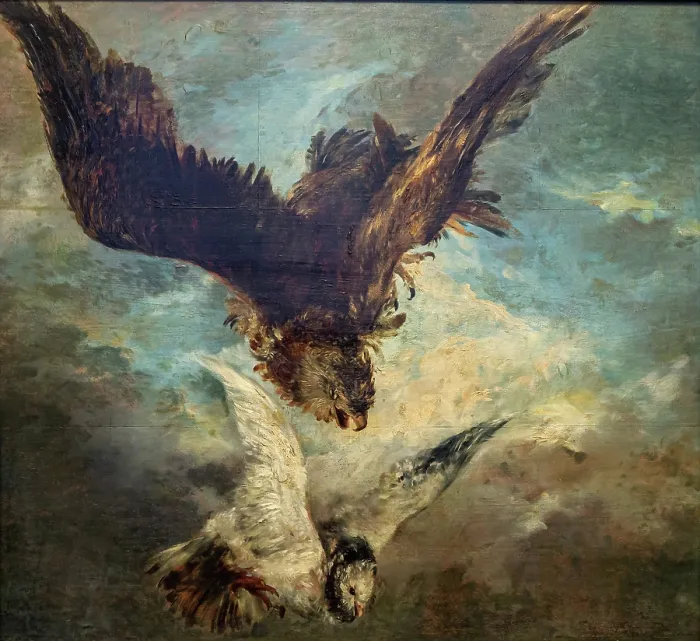 Framed Print : Falcon Attacking a Pigeon, 1844. Creator: Menzel, Adolph Friedrich, von (1815-1905) Framed Print : Falcon Attacking a Pigeon, 1844. Creator: Menzel, Adolph Friedrich, von (1815-1905)