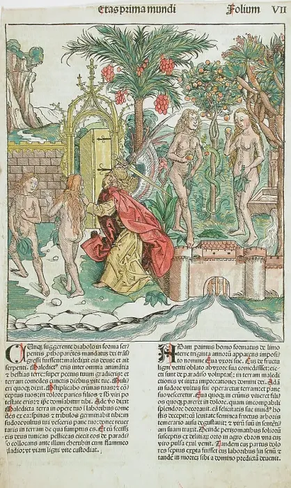 Framed Print : The Fall and Expulsion of Adam and Eve from Paradise, published 1493. Creator: Michael Wolgemut Framed Print : The Fall and Expulsion of Adam and Eve from Paradise, published 1493. Creator: Michael Wolgemut