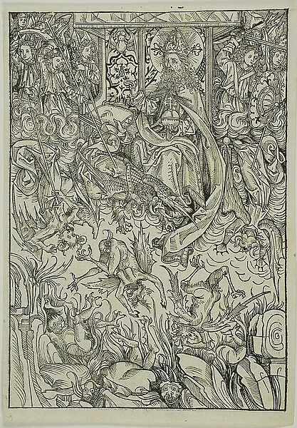 The Fall of Lucifer and the Rebel Angels (verso); The Gathering of the Angels (recto)... 1491. Creator: Michael Wolgemut