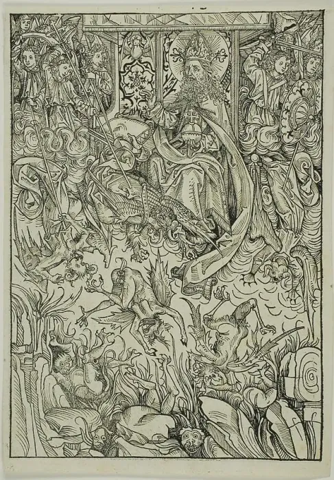 Framed Print : The Fall of Lucifer and the Rebel Angels (verso); The Gathering of the Angels (recto)... 1491. Creator: Michael Wolgemut Framed Print : The Fall of Lucifer and the Rebel Angels (verso); The Gathering of the Angels (recto)... 1491. Creator: Michael Wolgemut