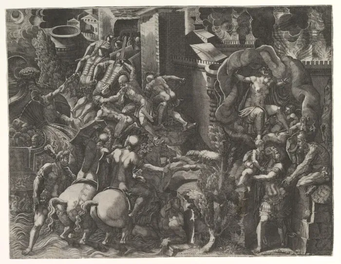 Framed Print : The Fall of Troy and Escape of Aeneas, mid-1540 s. Creator: Giorgio Ghisi Framed Print : The Fall of Troy and Escape of Aeneas, mid-1540 s. Creator: Giorgio Ghisi