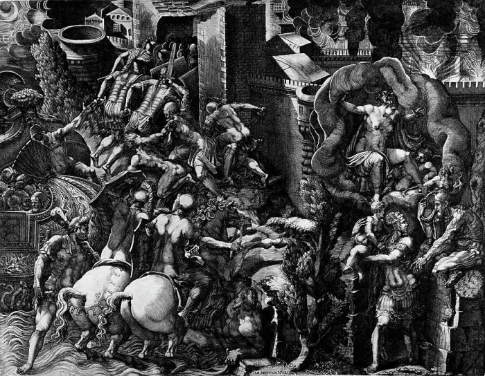 Framed Print : The Fall of Troy and the Escape of Aeneas, mid-1540s. Creator: Giorgio Ghisi Framed Print : The Fall of Troy and the Escape of Aeneas, mid-1540s. Creator: Giorgio Ghisi