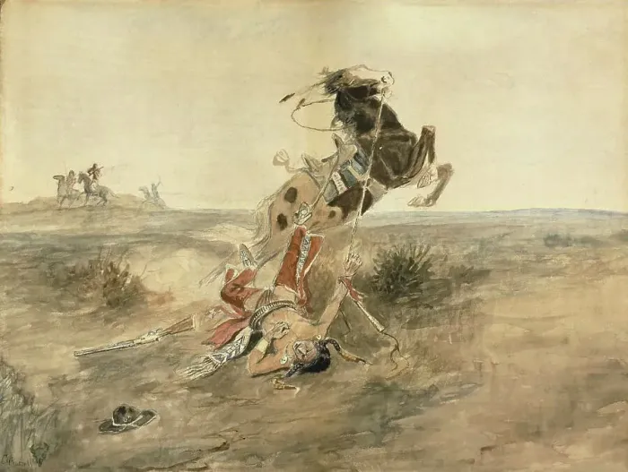 Framed Print : Fallen Indian Warrior, c.1886. Creator: Charles Marion Russell Framed Print : Fallen Indian Warrior, c.1886. Creator: Charles Marion Russell