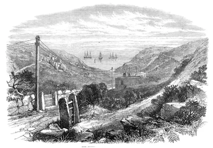 Framed Print : Falmouth, Gibraltar, and Mediterranean Telegraph: the cliffs at Porthcurnew Bay, Cornwall, 1870. Creator: Unknown Framed Print : Falmouth, Gibraltar, and Mediterranean Telegraph: the cliffs at Porthcurnew Bay, Cornwall, 1870. Creator: Unknown