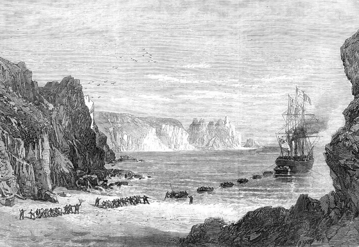 Framed Print : The Falmouth, Gibraltar, and Mediterranean Telegraph: landing the cable at Porthcurnew Bay, 1870. Creator: Unknown Framed Print : The Falmouth, Gibraltar, and Mediterranean Telegraph: landing the cable at Porthcurnew Bay, 1870. Creator: Unknown