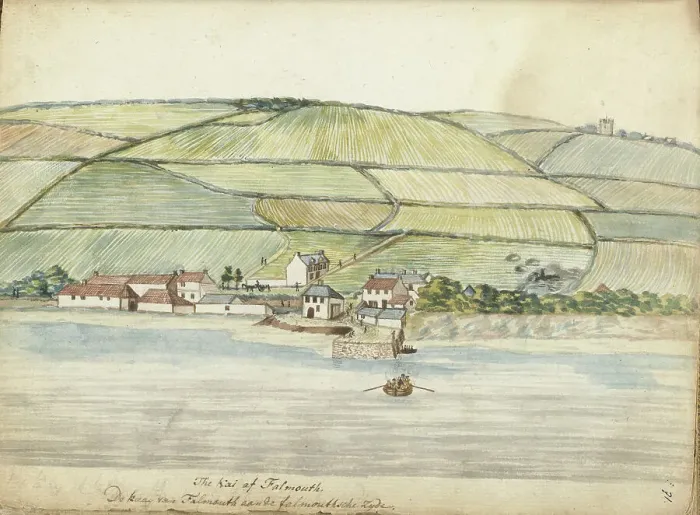 Framed Print : Falmouth quay, 1778. Creator: Jan Brandes Framed Print : Falmouth quay, 1778. Creator: Jan Brandes