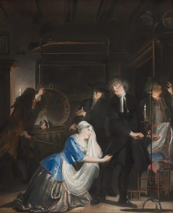 Framed Print : False Virtue Discovered: The Discovery of Volkert in the Laundry Basket, c1720-1750. Creator: Cornelis Troost Framed Print : False Virtue Discovered: The Discovery of Volkert in the Laundry Basket, c1720-1750. Creator: Cornelis Troost
