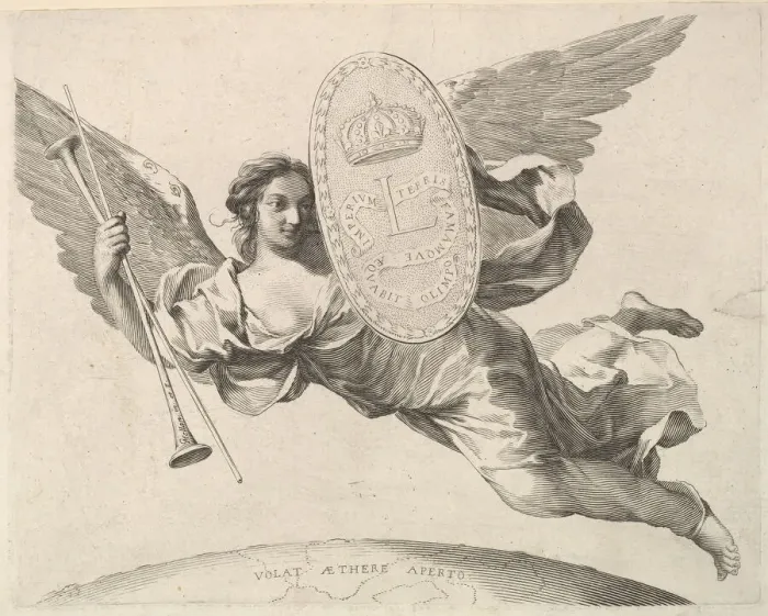 Framed Print : Fame Bearing a Shield with the Initial of Louis XIV (La Renommee volant) Framed Print : Fame Bearing a Shield with the Initial of Louis XIV (La Renommee volant)