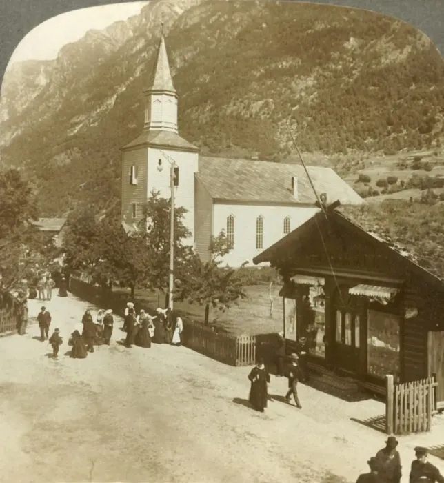 Framed Print : Families and neighbors on a summer Sunday morning at village church, Odde, Norway, c1905 Framed Print : Families and neighbors on a summer Sunday morning at village church, Odde, Norway, c1905