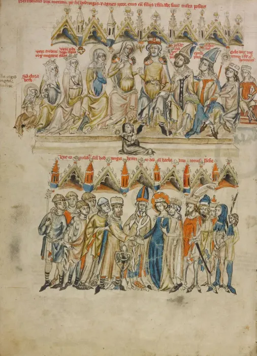 Framed Print : Family of Berthold IV of Merania. The Marriage of Hedwig and Heinrich, 1353. Artist: Court workshop of Duke Ludwig I of Liegnitz (active 1350-1398) Framed Print : Family of Berthold IV of Merania. The Marriage of Hedwig and Heinrich, 1353. Artist: Court workshop of Duke Ludwig I of Liegnitz (active 1350-1398)