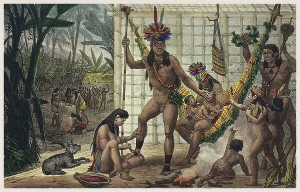 Family of a Camacan Indian Chief Preparing for a Festival. Illustration from Voyage pittoresque et h