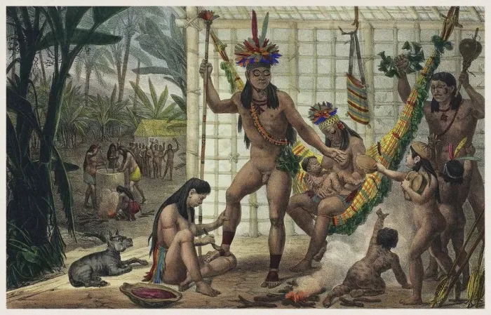 Framed Print : Family of a Camacan Indian Chief Preparing for a Festival. Illustration from Voyage pittoresque et h Framed Print : Family of a Camacan Indian Chief Preparing for a Festival. Illustration from Voyage pittoresque et h