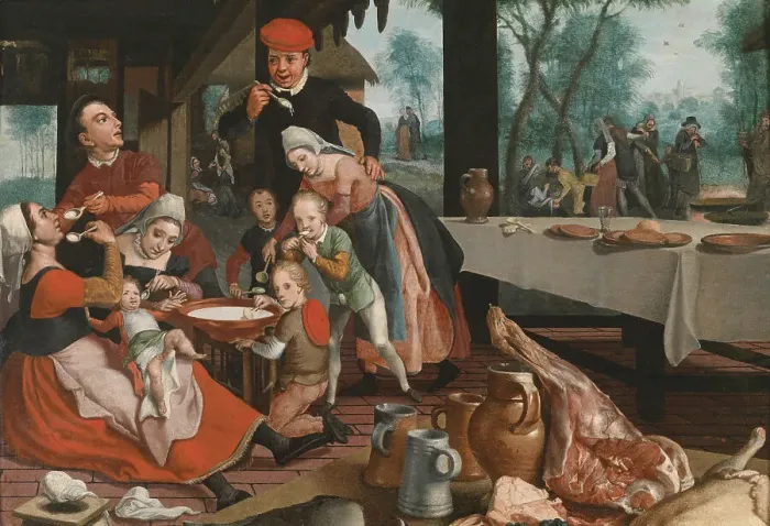 Framed Print : A family eating rice pudding. Creator: Pietersz, Pieter, the Elder (1540-1603) Framed Print : A family eating rice pudding. Creator: Pietersz, Pieter, the Elder (1540-1603)