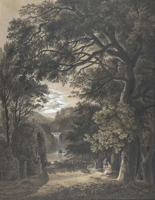 Framed Print : Family Gathered Before a Monument in a Landscape with a Waterfall, 1805 Framed Print : Family Gathered Before a Monument in a Landscape with a Waterfall, 1805