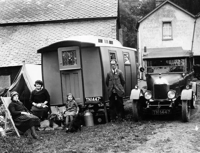 Framed Print : Family group with a 1925 Morris Oxford 14 / 28 and caravan, (Eccles, c1926?) Framed Print : Family group with a 1925 Morris Oxford 14 / 28 and caravan, (Eccles, c1926?)