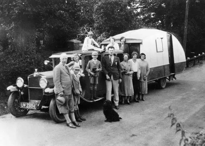 Framed Print : Family group with their 1930 Fiat towing a caravan, (c1930?) Framed Print : Family group with their 1930 Fiat towing a caravan, (c1930?)