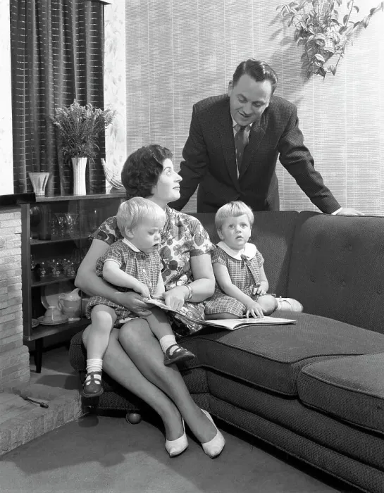 Framed Print : Family group looking at a brochure, Doncaster, South Yorkshire, 1963 Framed Print : Family group looking at a brochure, Doncaster, South Yorkshire, 1963
