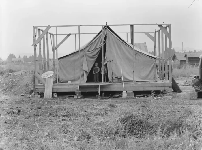 Framed Print : Family living in tent while building the house... near Klamath Falls, Klamath County, Oregon, 1939. Creator: Dorothea Lange Framed Print : Family living in tent while building the house... near Klamath Falls, Klamath County, Oregon, 1939. Creator: Dorothea Lange